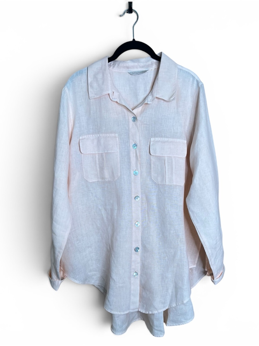 Soft Surroundings 100% Linen Peach Lagenlook Beachy Tunic Button Up Blouse L
